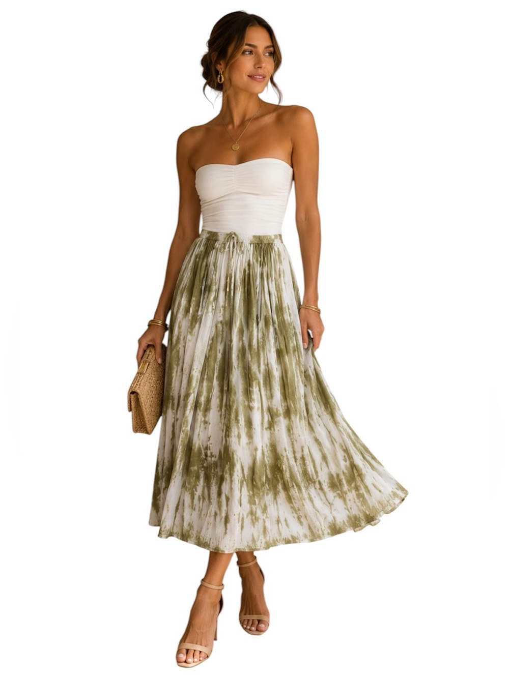 Metrowear New York Green & White Tie Dye Pleated Midi Skirt Boho Chic Medium